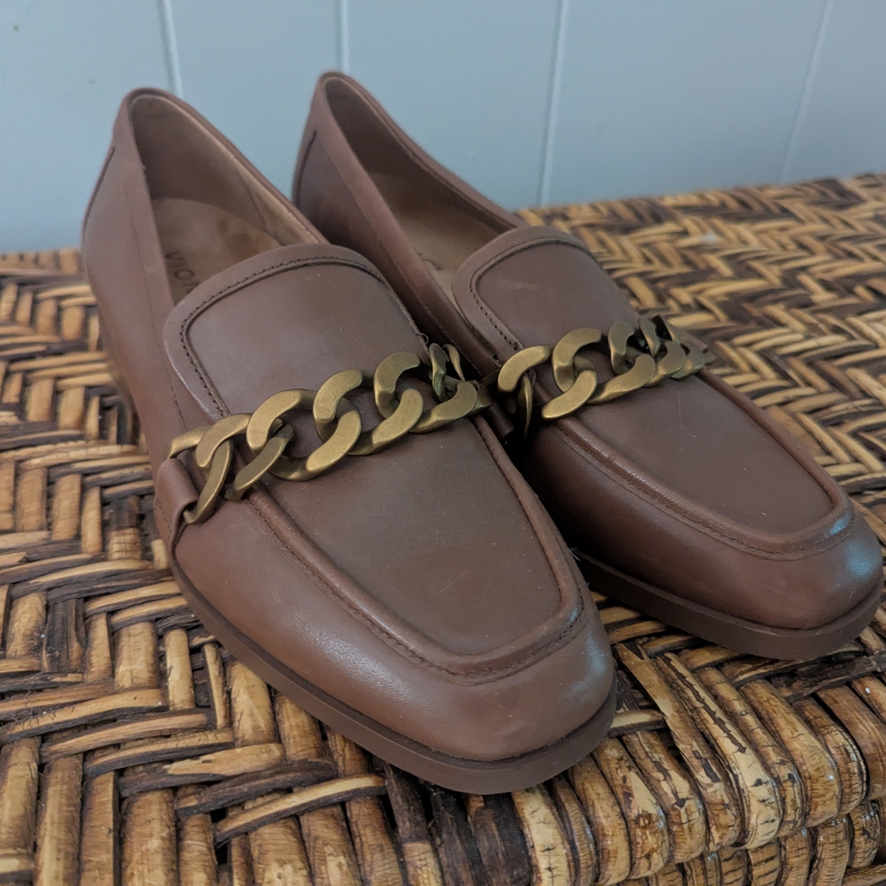 Vionic Brown Loafers with Gold Chain Accent